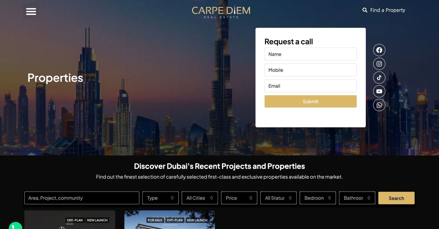 Property search with a Request a call form on the page