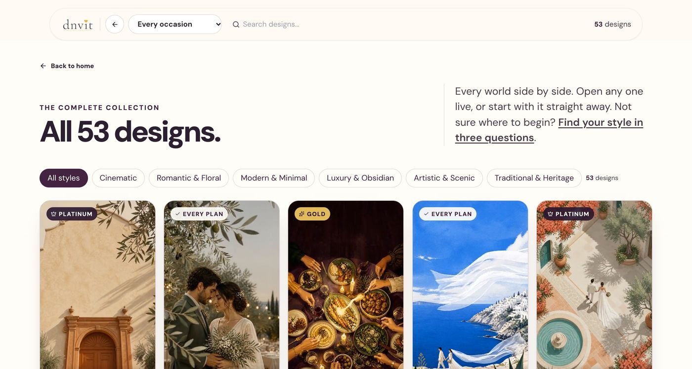 The full collection: 53 designs, filtered by style