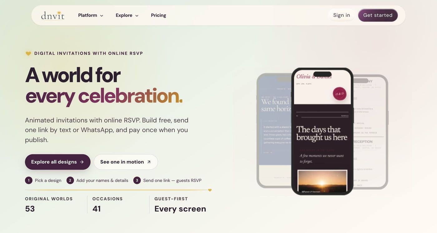 The dnvit homepage: pick a design, add your names, send one link