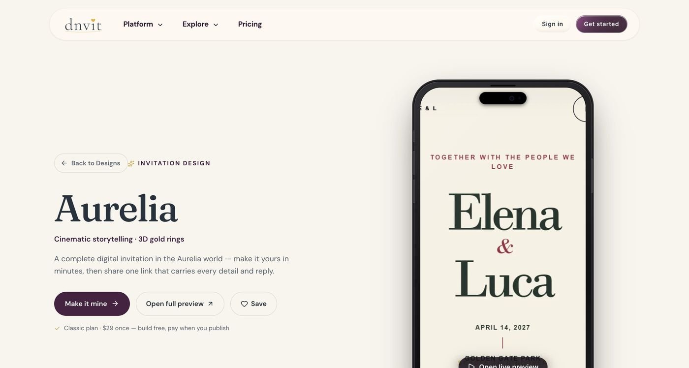 Aurelia, one of the cinematic designs, with a live preview