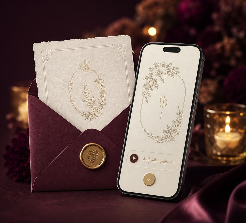 A dnvit invitation on a phone beside a wax-sealed paper envelope